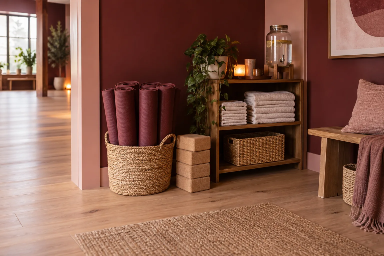 Rolled yoga mats, cork blocks and towels in a welcoming studio corner