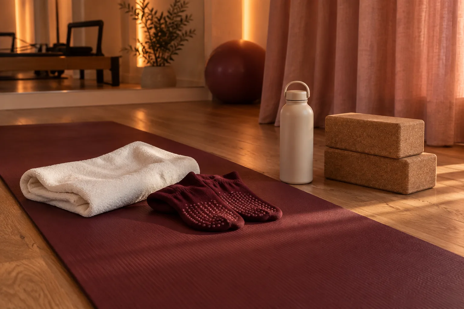 Grip socks, towel, water bottle and blocks prepared for a first heated class