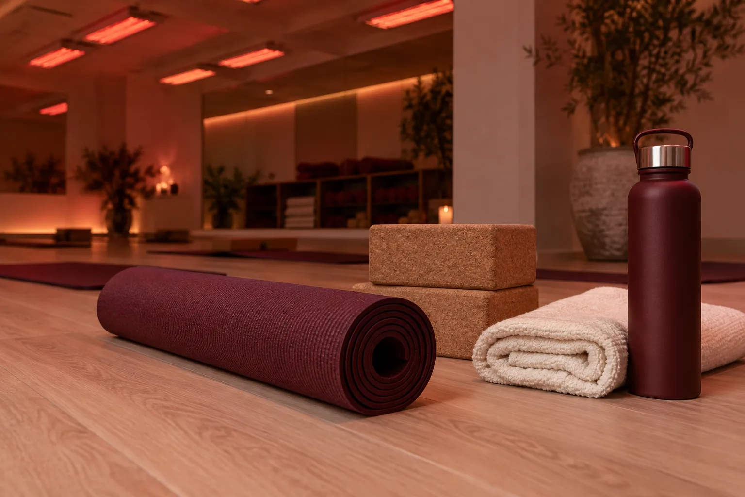 Yoga mat, cork blocks, towel and water bottle beneath infrared heating panels