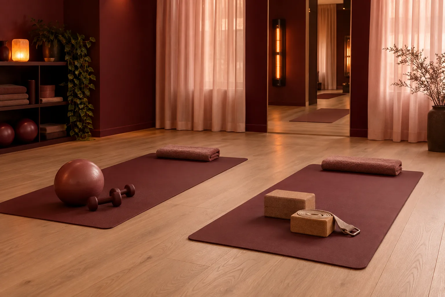 Pilates props and yoga props arranged on two burgundy mats
